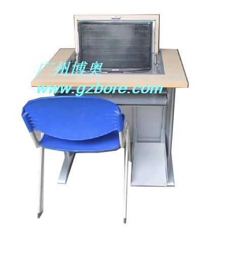 广州博奥钢木三位半嵌式液晶屏翻转电脑桌