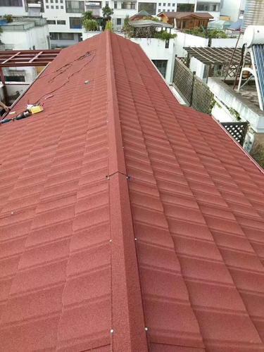 天津彩石金属瓦 新型屋面金属瓦 圆弧形红色镀铝锌彩石瓦工程项目