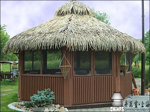 进口凉棚屋顶，茅草瓦，稻草屋